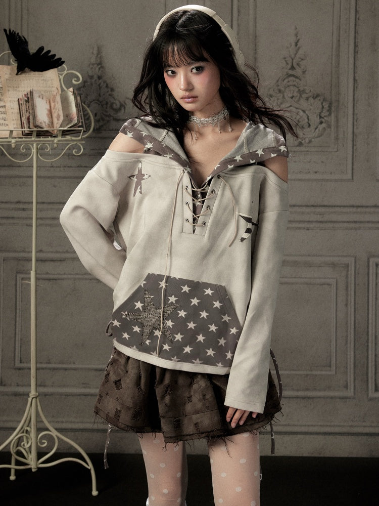 Off-Shoulder Hooded Sweatshirt Rabbit Ear Star-Tie Top【s0000019039】