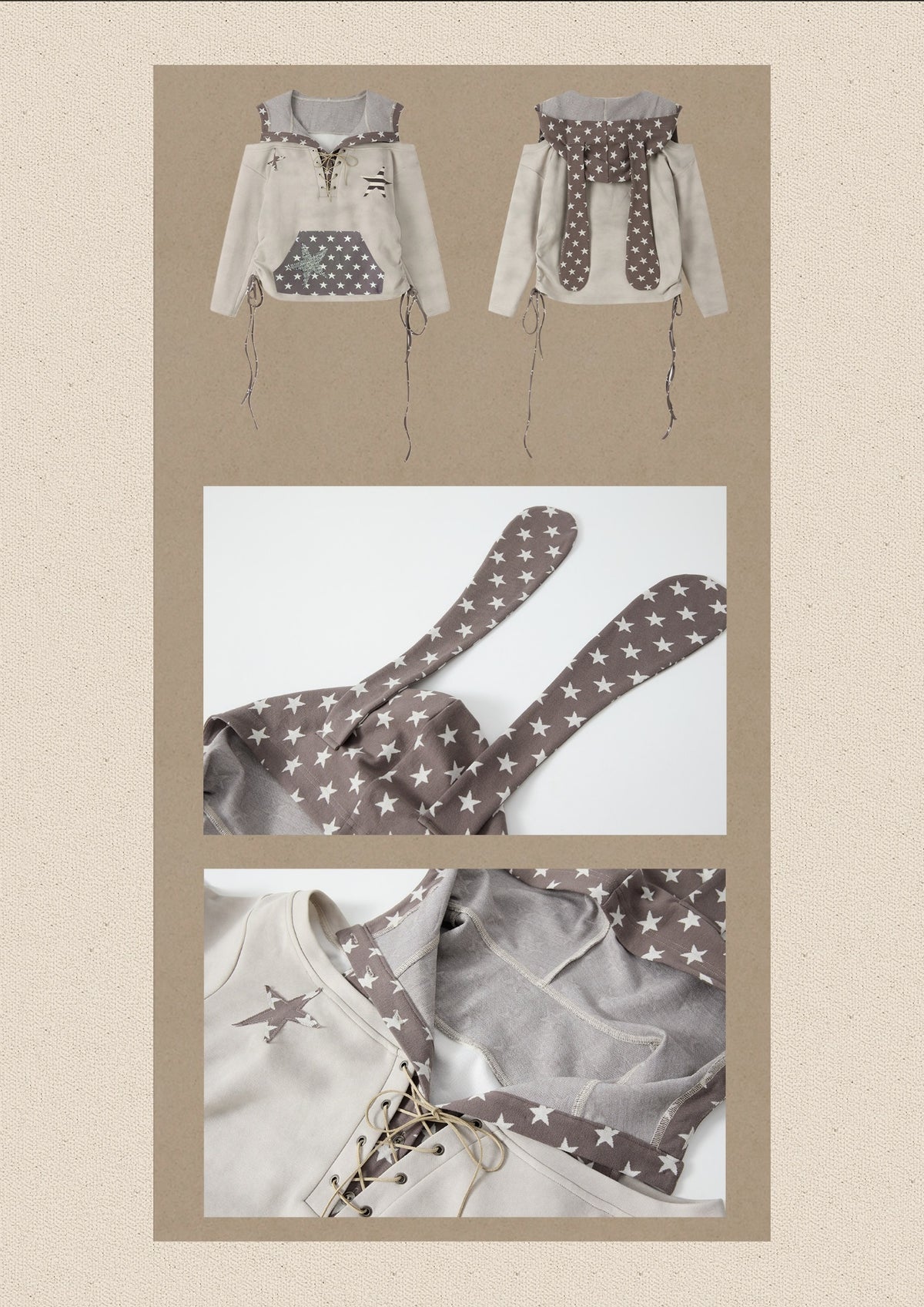 Off-Shoulder Hooded Sweatshirt Rabbit Ear Star-Tie Top【s0000019039】