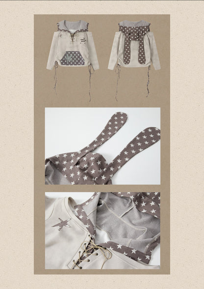 Off-Shoulder Hooded Sweatshirt Rabbit Ear Star-Tie Top【s0000019039】