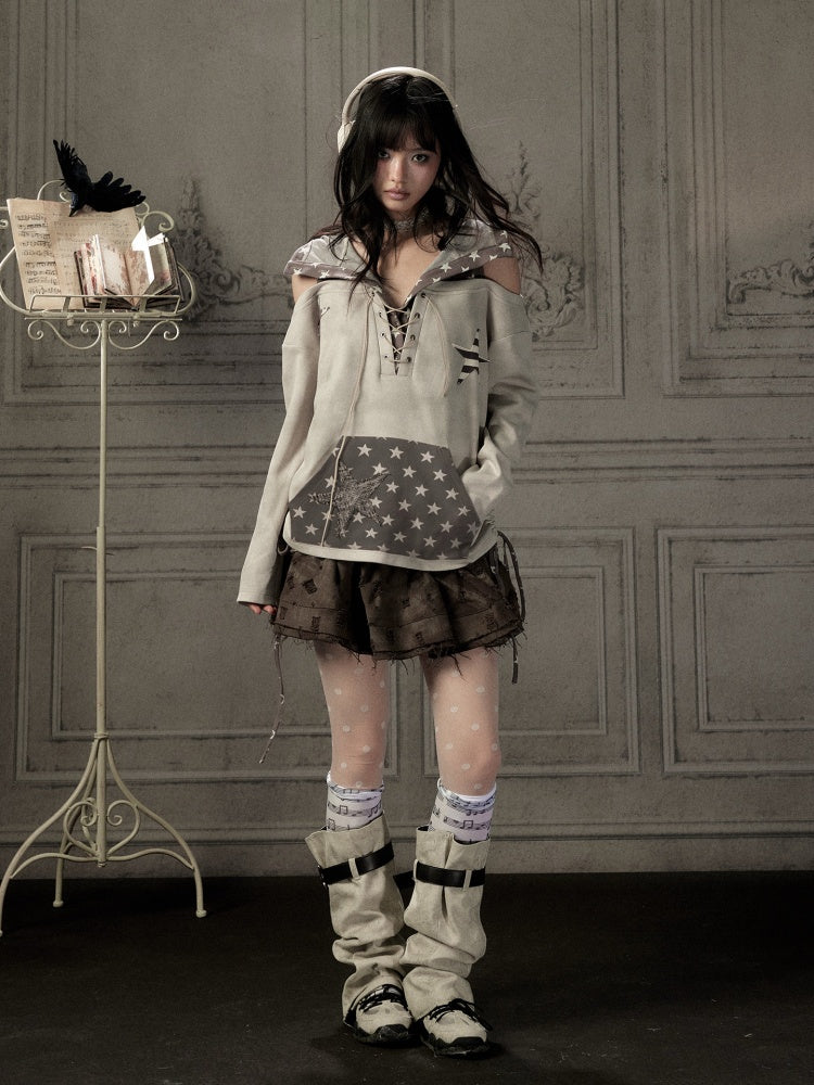 Off-Shoulder Hooded Sweatshirt Rabbit Ear Star-Tie Top【s0000019039】