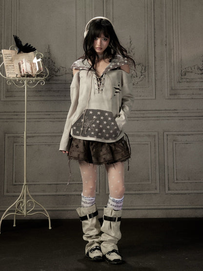 Off-Shoulder Hooded Sweatshirt Rabbit Ear Star-Tie Top【s0000019039】