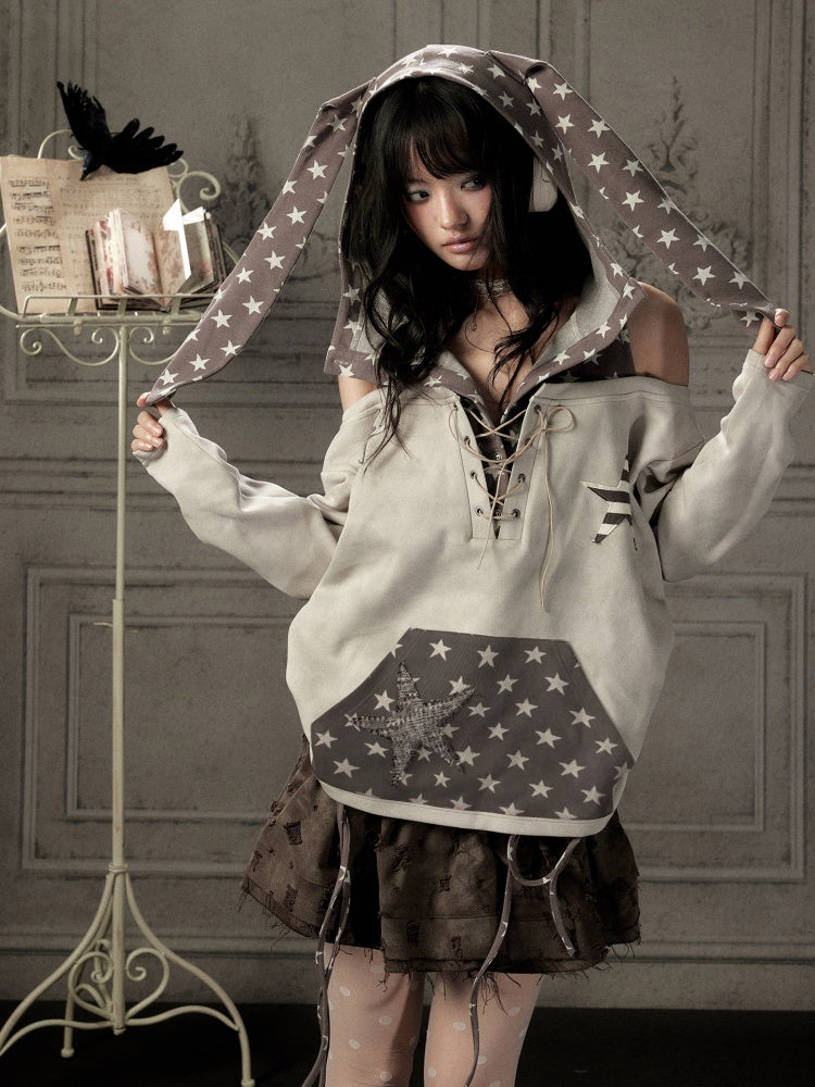 Off-Shoulder Hooded Sweatshirt Rabbit Ear Star-Tie Top【s0000019039】