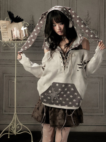 Off-Shoulder Hooded Sweatshirt Rabbit Ear Star-Tie Top【s0000019039】