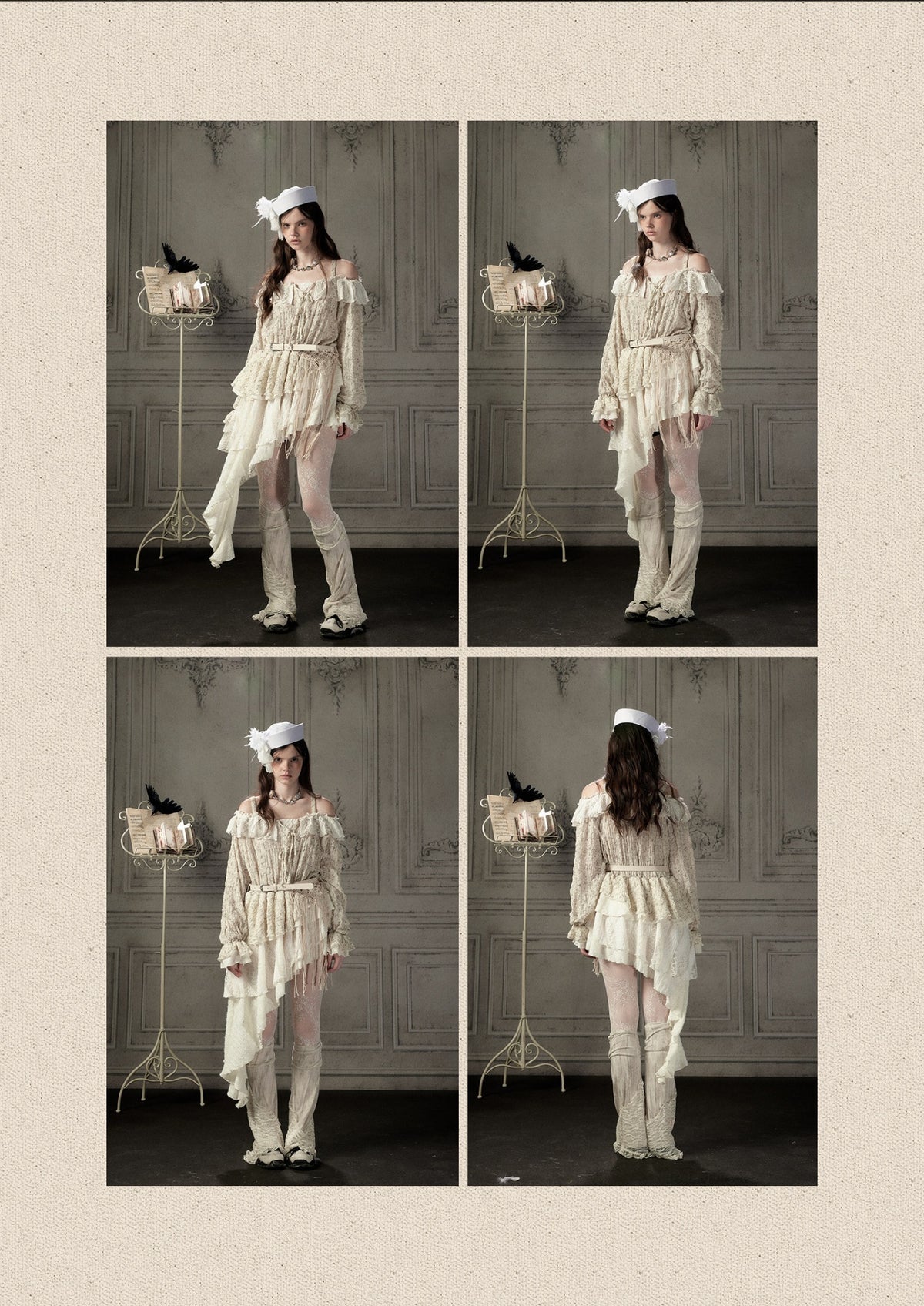 Off-Shoulder Beige Strap Lace Tail Dress【s0000019040】