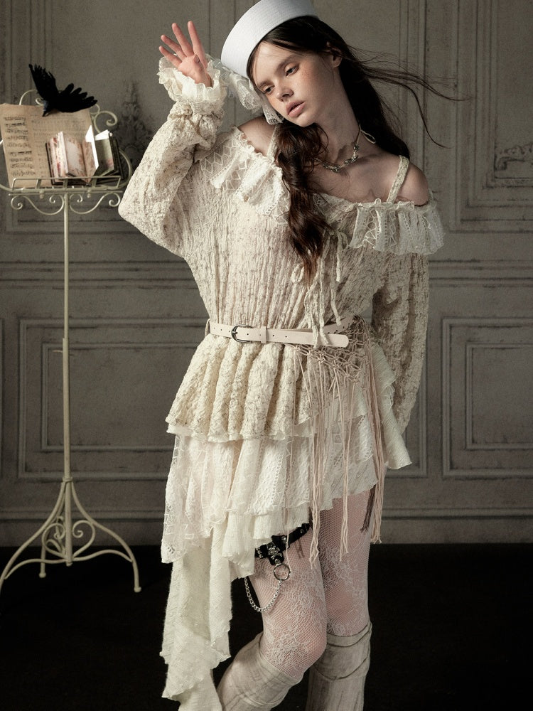 Off-Shoulder Beige Strap Lace Tail Dress【s0000019040】