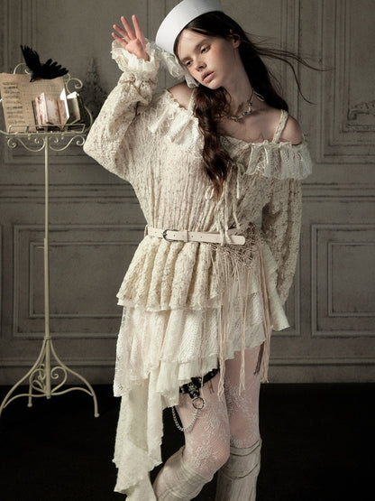 Off-Shoulder Beige Strap Lace Tail Dress【s0000019040】