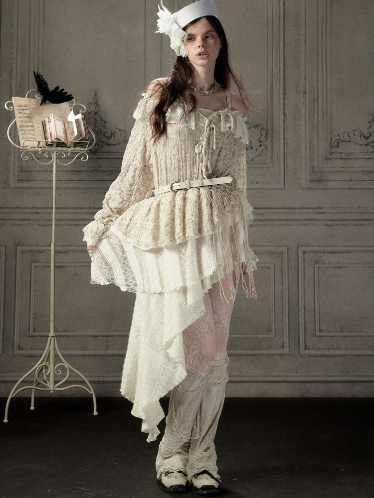 Off-Shoulder Beige Strap Lace Tail Dress【s0000019040】