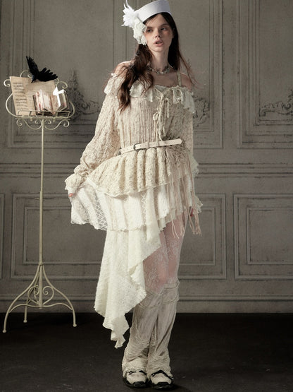 Off-Shoulder Beige Strap Lace Tail Dress【s0000019040】