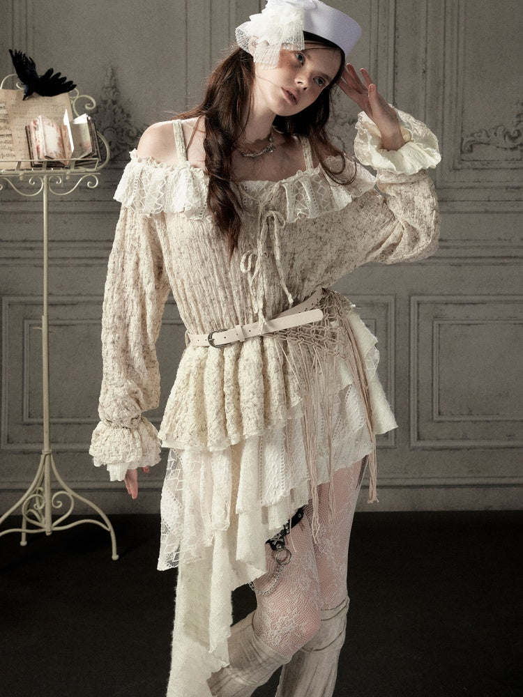 Off-Shoulder Beige Strap Lace Tail Dress【s0000019040】