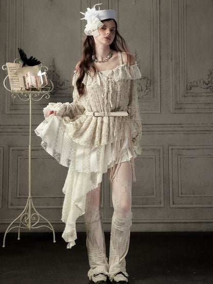 Off-Shoulder Beige Strap Lace Tail Dress【s0000019040】