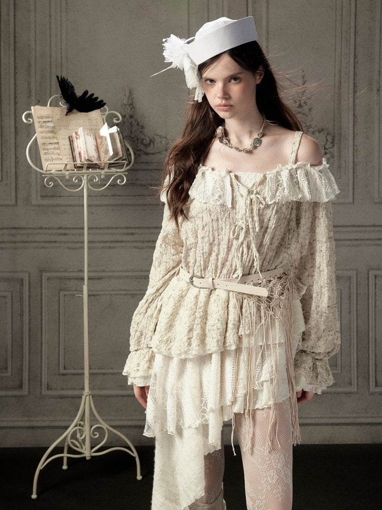 Off-Shoulder Beige Strap Lace Tail Dress【s0000019040】
