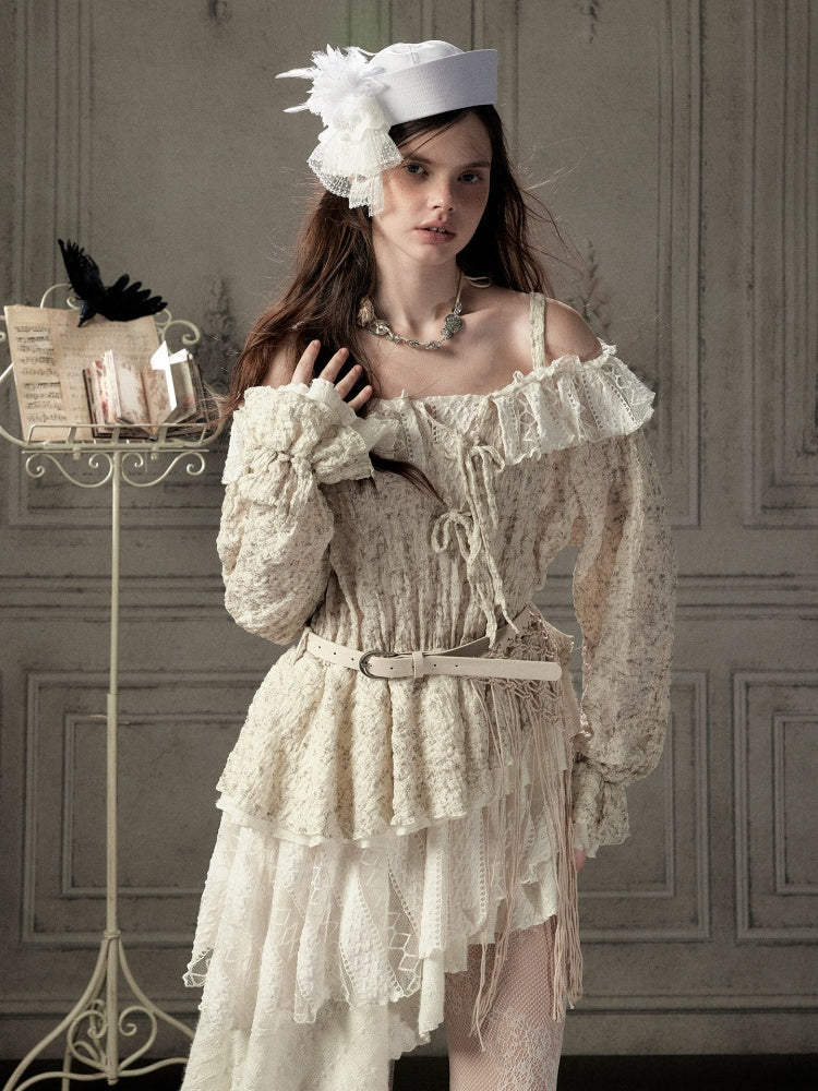 Off-Shoulder Beige Strap Lace Tail Dress【s0000019040】