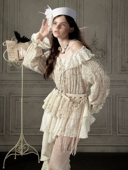 Off-Shoulder Beige Strap Lace Tail Dress【s0000019040】