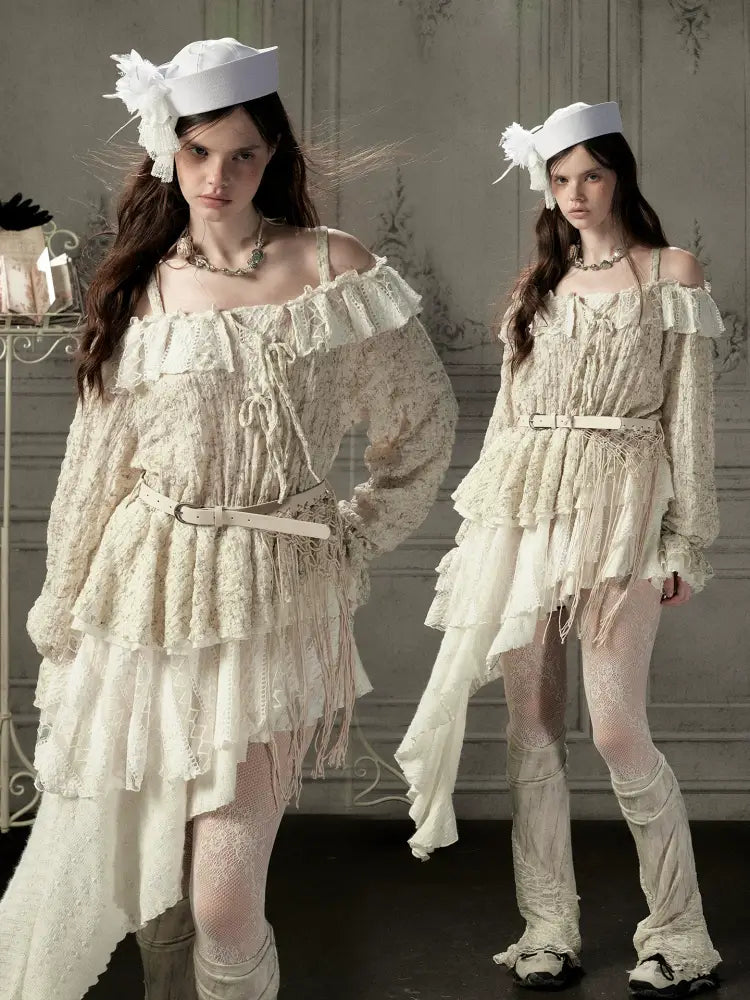 Off-Shoulder Beige Strap Lace Tail Dress【s0000019040】