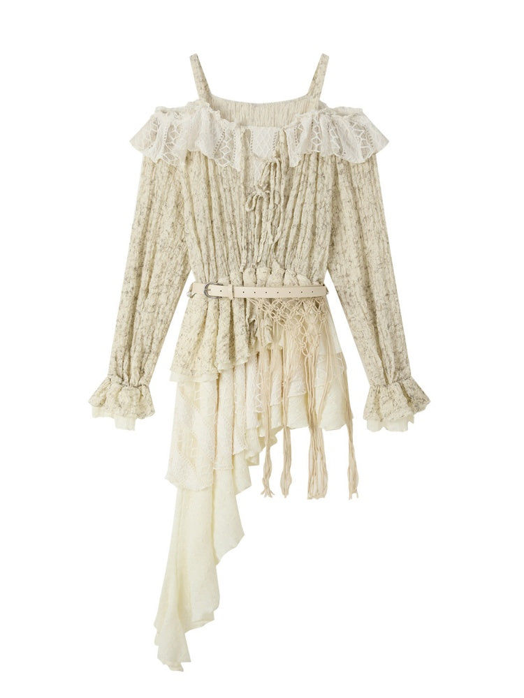 Off-Shoulder Beige Strap Lace Tail Dress【s0000019040】