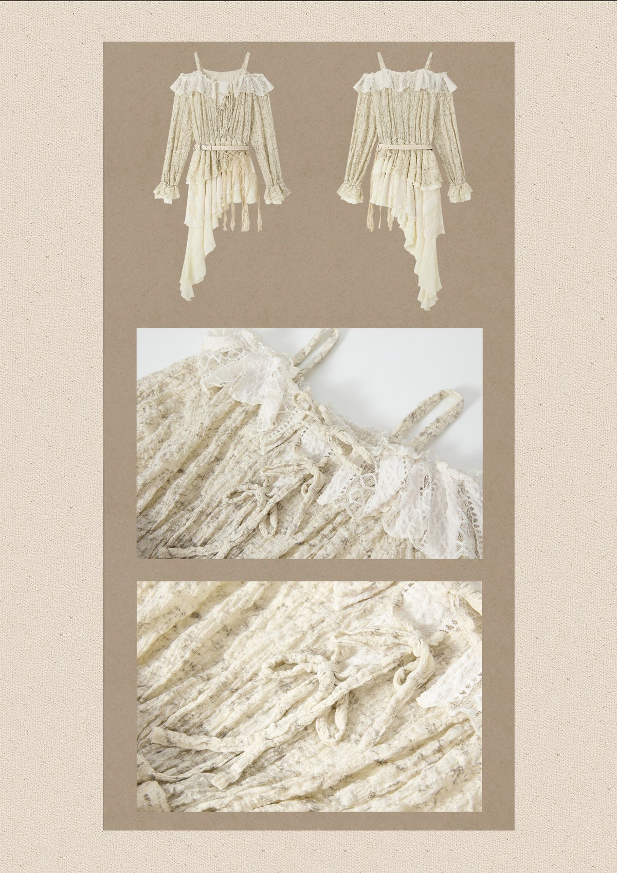 Off-Shoulder Beige Strap Lace Tail Dress【s0000019040】