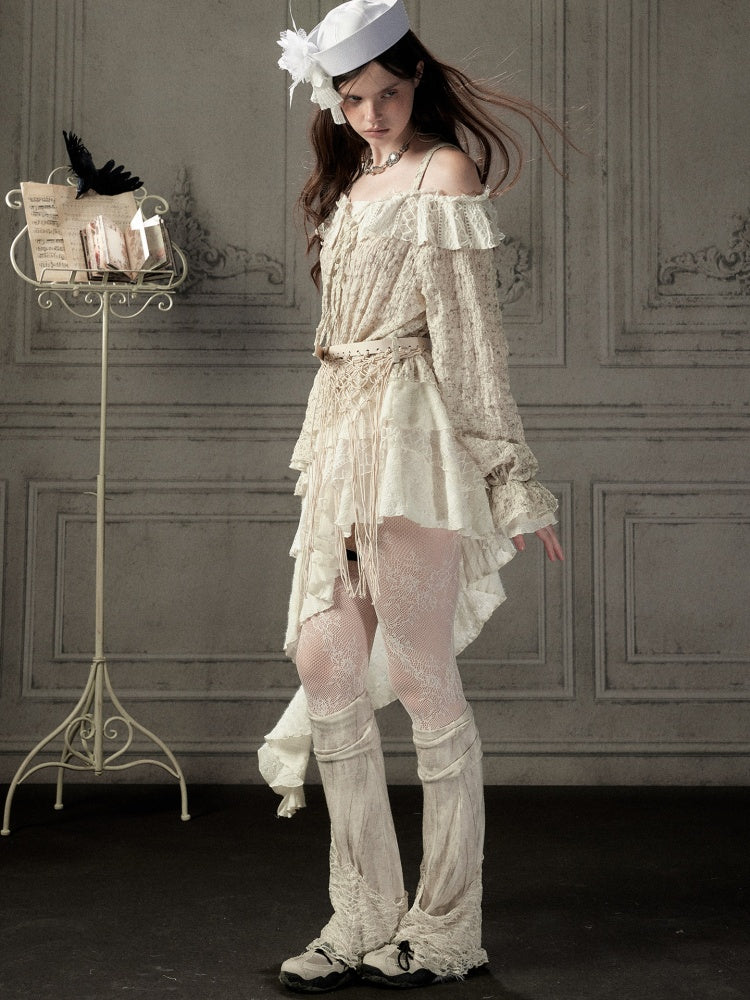 Off-Shoulder Beige Strap Lace Tail Dress【s0000019040】