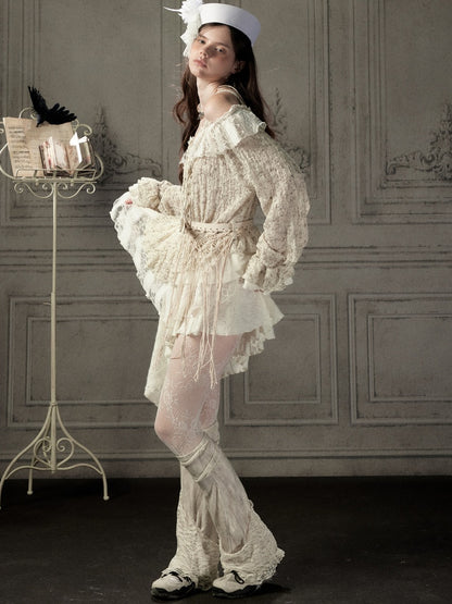 Off-Shoulder Beige Strap Lace Tail Dress【s0000019040】