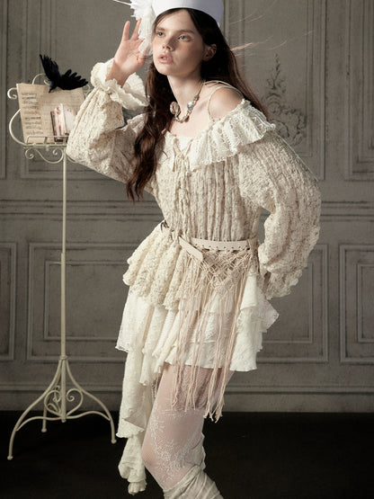 Off-Shoulder Beige Strap Lace Tail Dress【s0000019040】