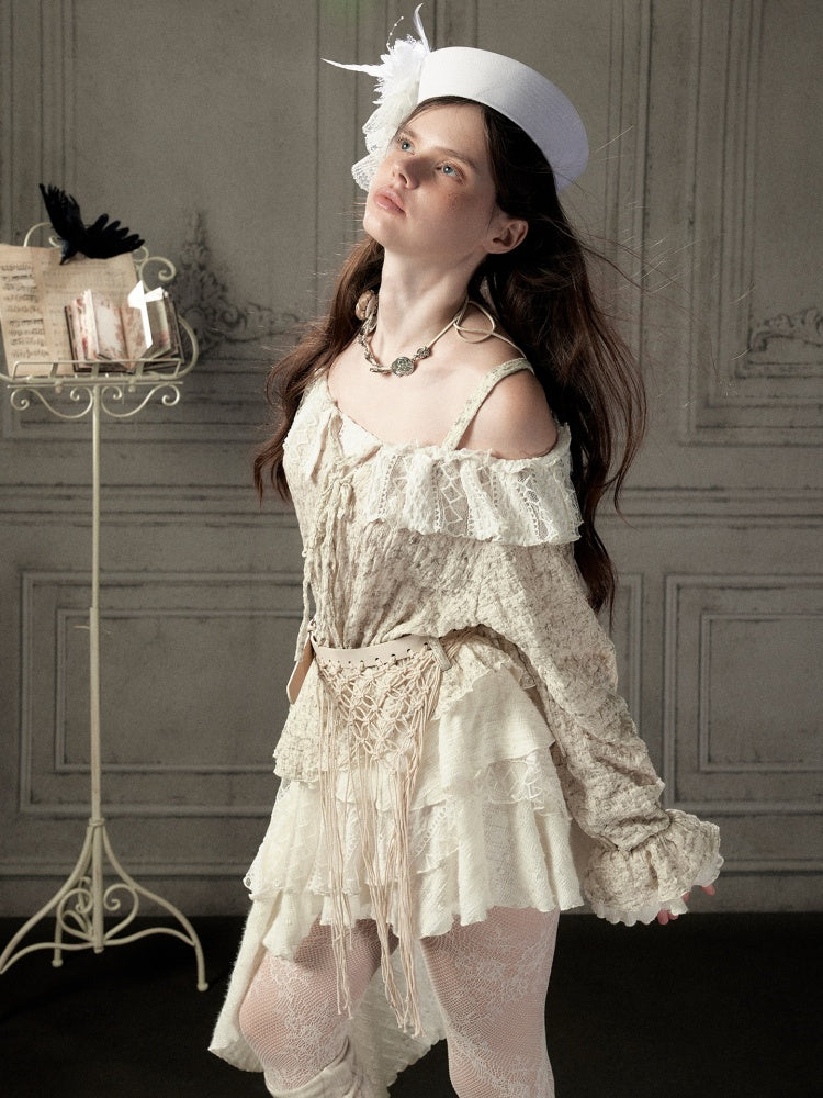 Off-Shoulder Beige Strap Lace Tail Dress【s0000019040】