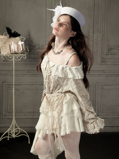 Off-Shoulder Beige Strap Lace Tail Dress【s0000019040】