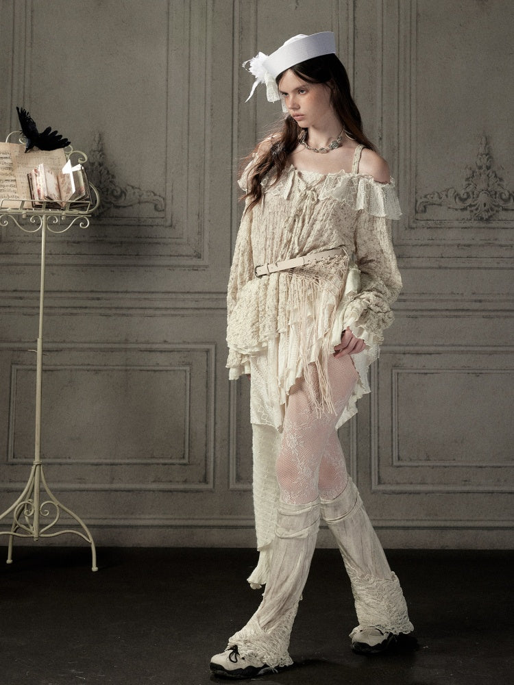 Off-Shoulder Beige Strap Lace Tail Dress【s0000019040】