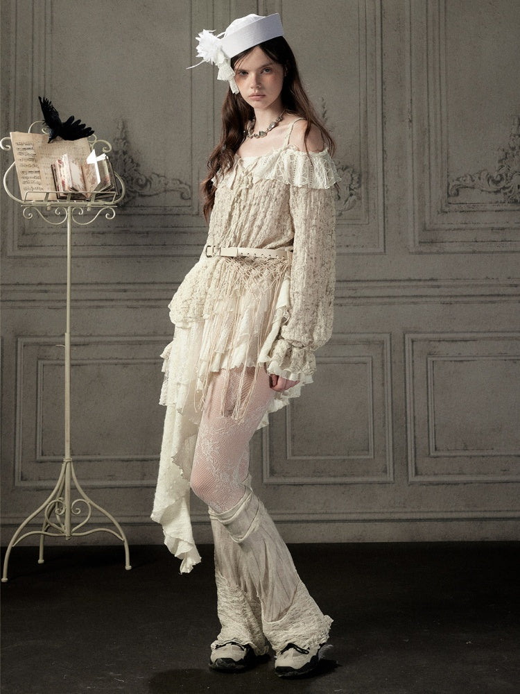 Off-Shoulder Beige Strap Lace Tail Dress【s0000019040】