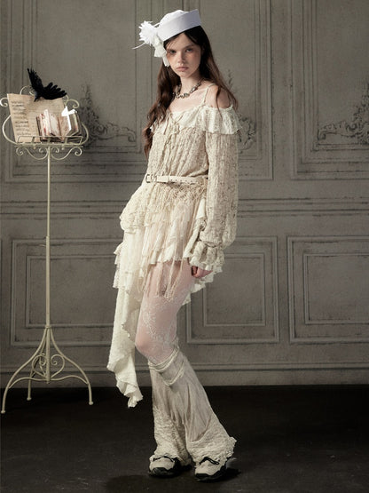 Off-Shoulder Beige Strap Lace Tail Dress【s0000019040】
