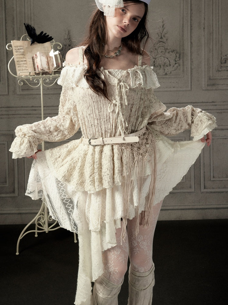 Off-Shoulder Beige Strap Lace Tail Dress【s0000019040】