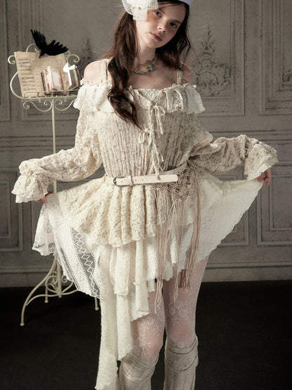 Off-Shoulder Beige Strap Lace Tail Dress【s0000019040】