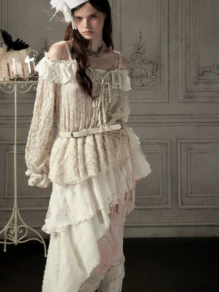 Off-Shoulder Beige Strap Lace Tail Dress【s0000019040】