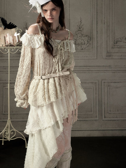 Off-Shoulder Beige Strap Lace Tail Dress【s0000019040】