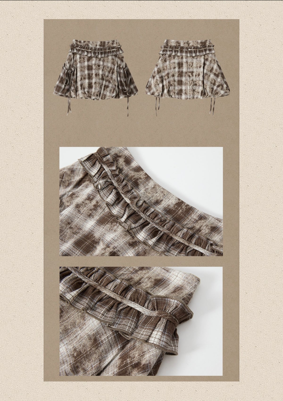 Brown-Colored Plaid Ruffled Tie High-Waisted Short Skirt【s0000019041】