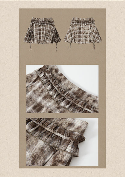 Brown-Colored Plaid Ruffled Tie High-Waisted Short Skirt【s0000019041】
