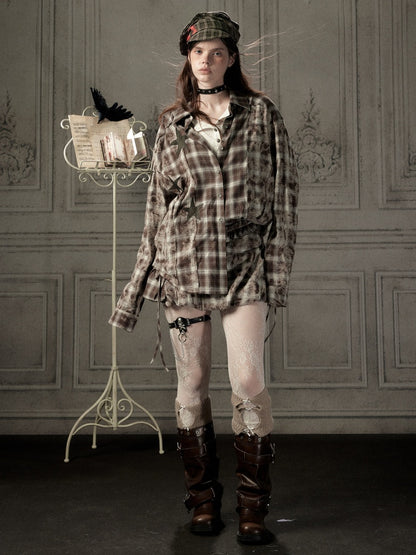 Brown-Colored Plaid Ruffled Tie High-Waisted Short Skirt【s0000019041】