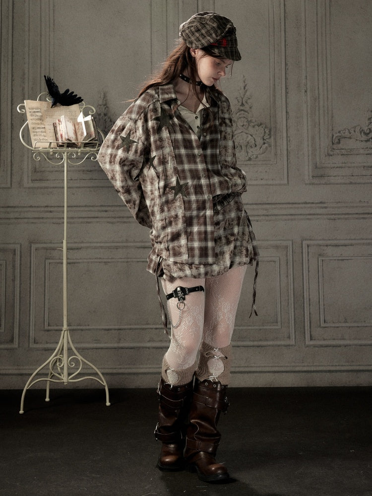 Brown-Colored Plaid Ruffled Tie High-Waisted Short Skirt【s0000019041】