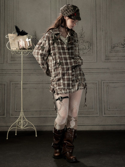 Brown-Colored Plaid Ruffled Tie High-Waisted Short Skirt【s0000019041】