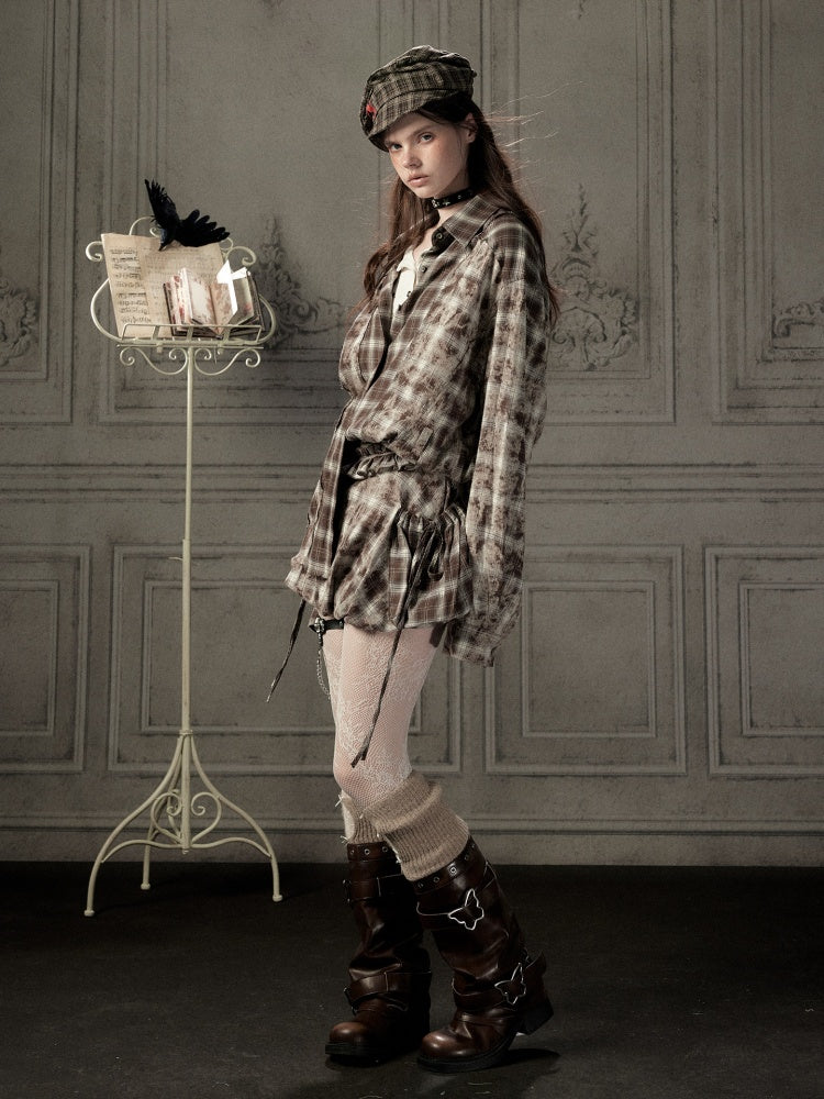 Brown-Colored Plaid Ruffled Tie High-Waisted Short Skirt【s0000019041】