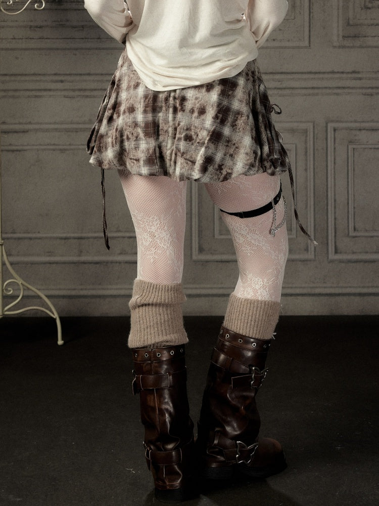 Brown-Colored Plaid Ruffled Tie High-Waisted Short Skirt【s0000019041】
