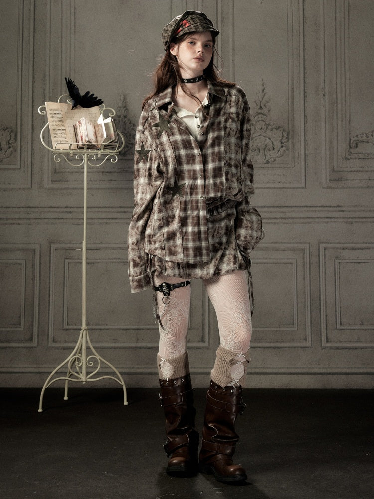 Brown-Colored Plaid Ruffled Tie High-Waisted Short Skirt【s0000019041】