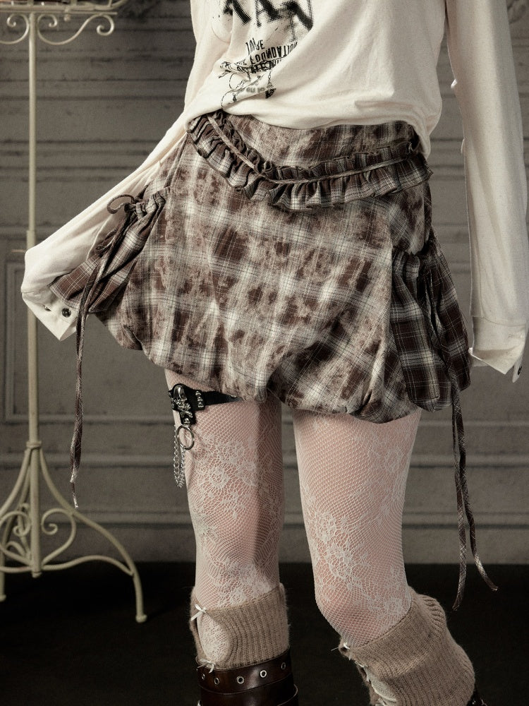 Brown-Colored Plaid Ruffled Tie High-Waisted Short Skirt【s0000019041】