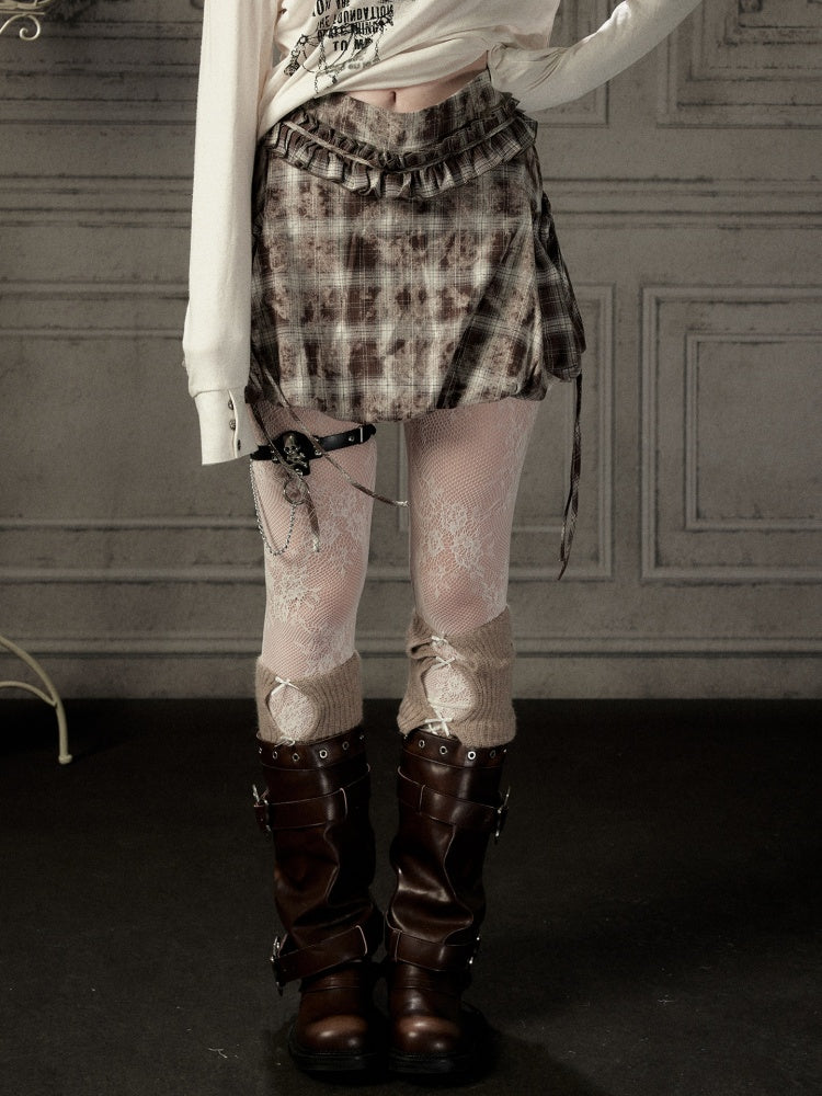 Brown-Colored Plaid Ruffled Tie High-Waisted Short Skirt【s0000019041】