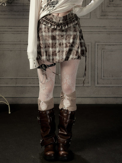 Brown-Colored Plaid Ruffled Tie High-Waisted Short Skirt【s0000019041】