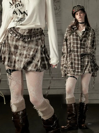Brown-Colored Plaid Ruffled Tie High-Waisted Short Skirt【s0000019041】