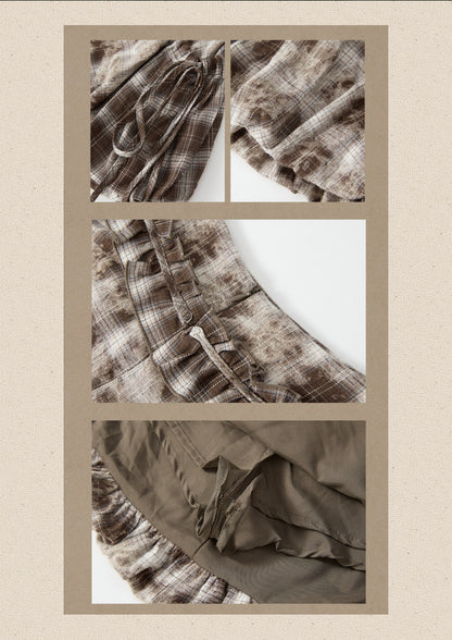 Brown-Colored Plaid Ruffled Tie High-Waisted Short Skirt【s0000019041】
