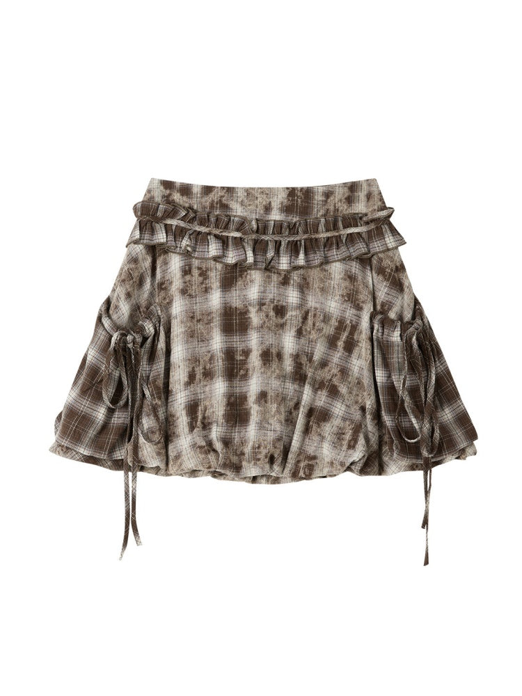 Brown-Colored Plaid Ruffled Tie High-Waisted Short Skirt【s0000019041】