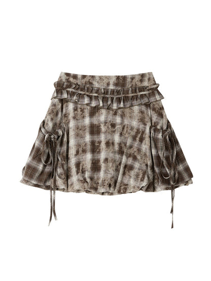 Brown-Colored Plaid Ruffled Tie High-Waisted Short Skirt【s0000019041】