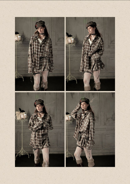 Brown-Colored Plaid Ruffled Tie High-Waisted Short Skirt【s0000019041】