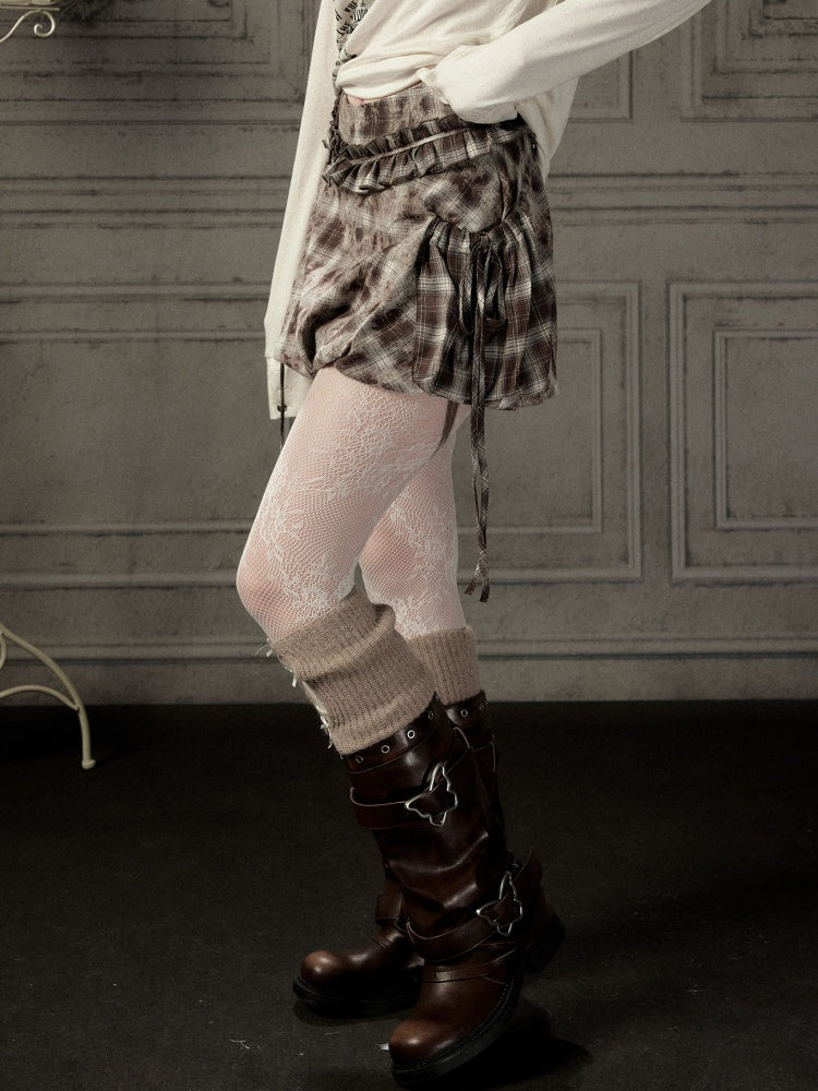 Brown-Colored Plaid Ruffled Tie High-Waisted Short Skirt【s0000019041】