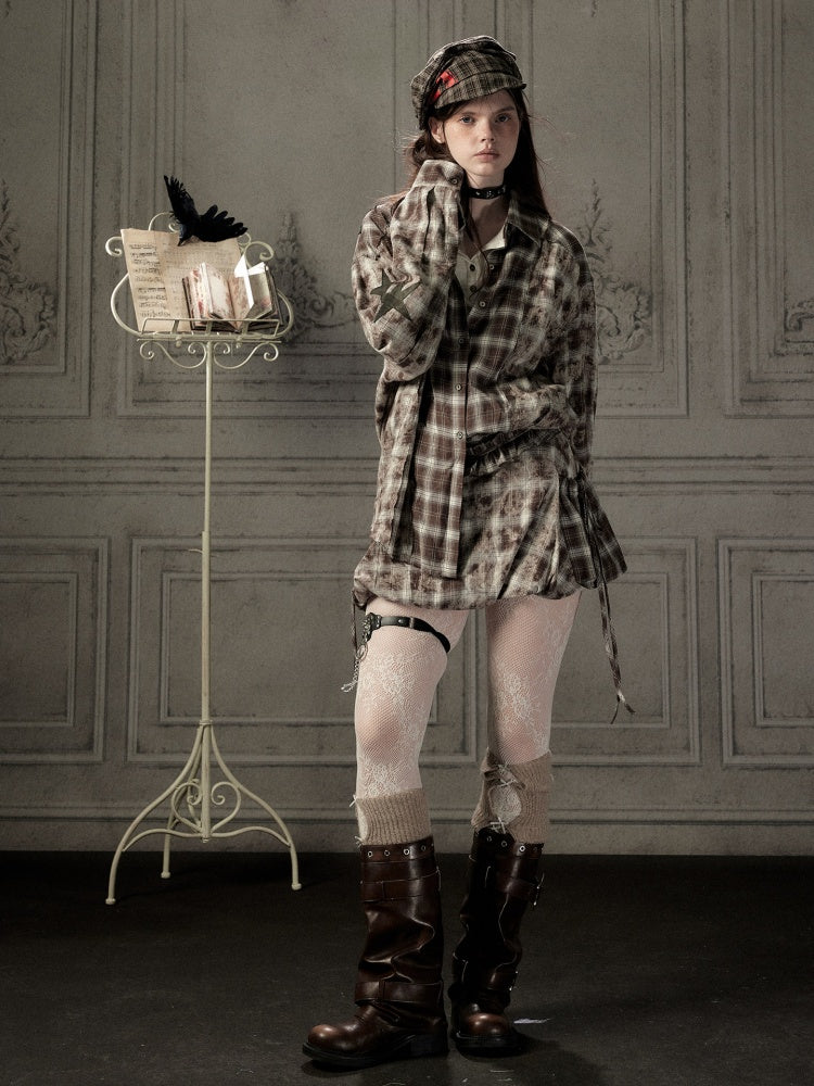 Brown-Colored Plaid Ruffled Tie High-Waisted Short Skirt【s0000019041】